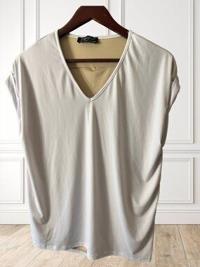 Brigitte Brianna Ivory V Neck Draped Twist Back Tunic Top Size Small
